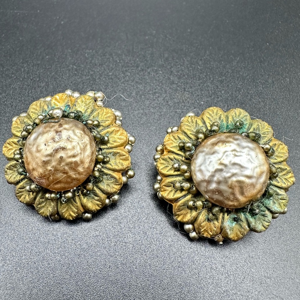 Vintage Signed Miriam Haskell Sunflowers Clip on Faux Pearl Button Earrings